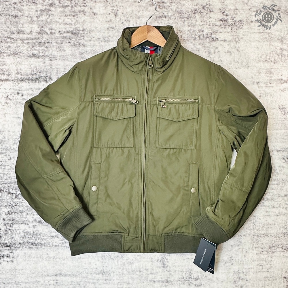 NWT Tommy Hilfiger Men's Medium Bomber Jacket Olive Green Stowed Hood Wind/Water
